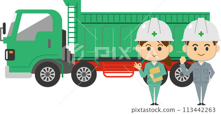 Image illustration of male and female workers standing in front of a dump truck Image illustration of male and female workers standing in front of a dump truck 113442263