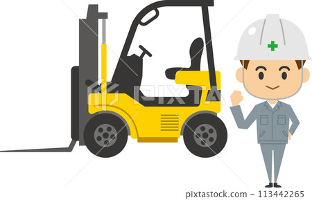 Image illustration of a male worker standing in front of a forklift Image illustration of a male worker standing in front of a forklift 113442265