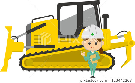 Image illustration of a female worker standing in front of a bulldozer 113442268