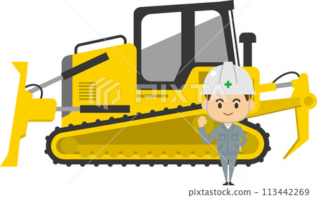 Image illustration of a male worker standing in front of a bulldozer 113442269
