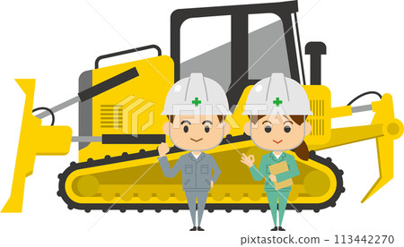 Image illustration of male and female workers standing in front of a bulldozer 113442270