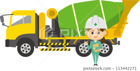 Illustration of a female worker standing in front of a mixer truck 113442271