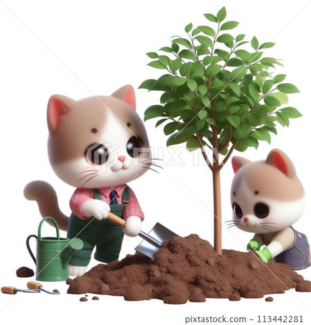Cat planting a tree 3D render illustration 113442281