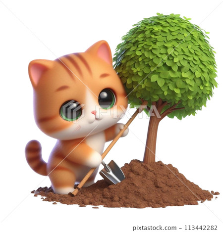 Cat planting a tree 3D render illustration Cat planting a tree 3D render illustration 113442282