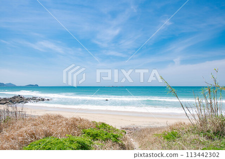 Coastal sand and blue sky 113442302
