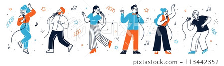 Happy people characters singing song with microphones set Happy people characters singing song with microphones set 113442352