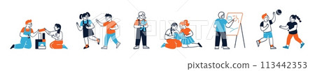 Isolated set of happy children characters enjoying kindergarten activity Isolated set of happy children characters enjoying kindergarten activity 113442353