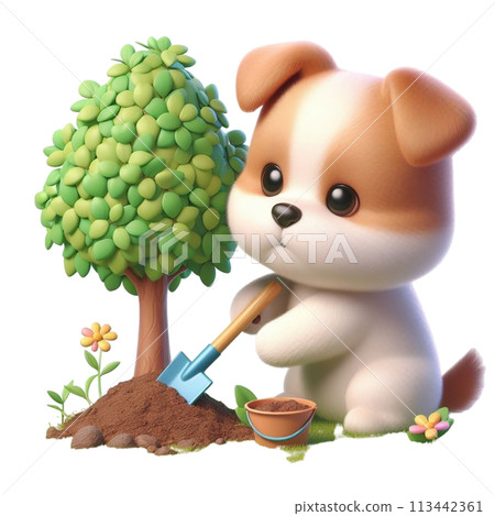 Dog planting a tree 3D render illustration Dog planting a tree 3D render illustration 113442361