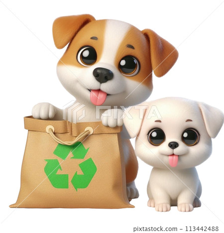 Dog holding a recycling bag 3D render illustration 113442488