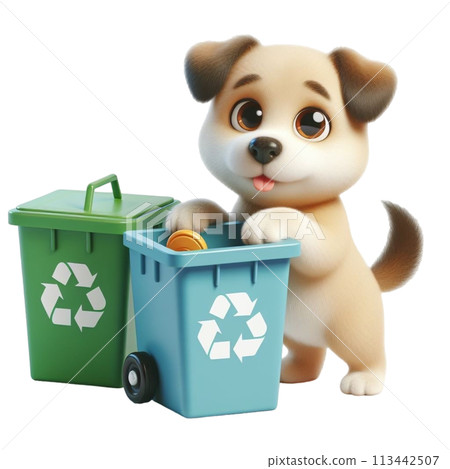 Dog holding a recycling bag 3D render illustration 113442507