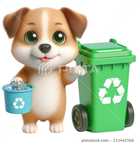 Dog holding a recycling bag 3D render illustration 113442508