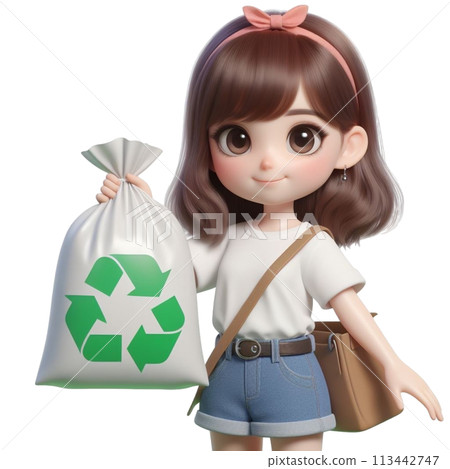 child holding a recycling bag 3D render illustration child holding a recycling bag 3D render illustration 113442747