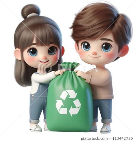 child holding a recycling bag 3D render illustration child holding a recycling bag 3D render illustration 113442750