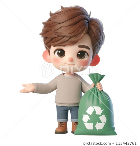 child holding a recycling bag 3D render illustration child holding a recycling bag 3D render illustration 113442761