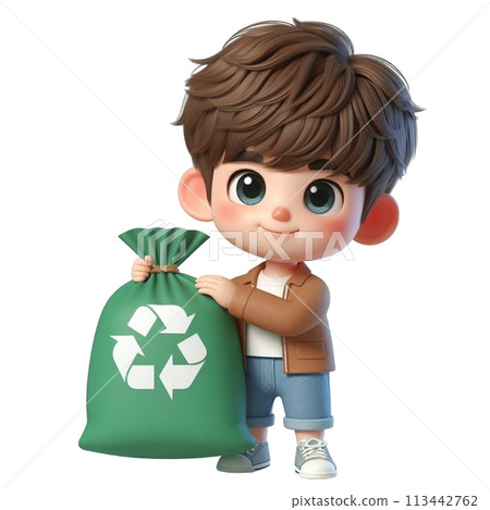 child holding a recycling bag 3D render illustration 113442762
