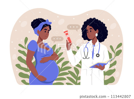 Low iron levels during pregnancy. A pregnant woman suffering from anemia. A pregnant woman with anemia is talking to an obstetrician-gynecologist. 113442807