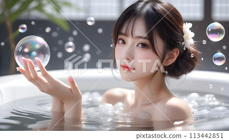 A beautiful and cute girl model with clear and moisturized skin takes a bubble bath. Skin care, beauty image AI generated 113442851