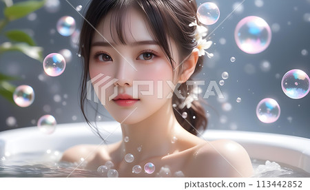 A beautiful and cute girl model with clear and moisturized skin takes a bubble bath. Skin care, beauty image AI generated 113442852
