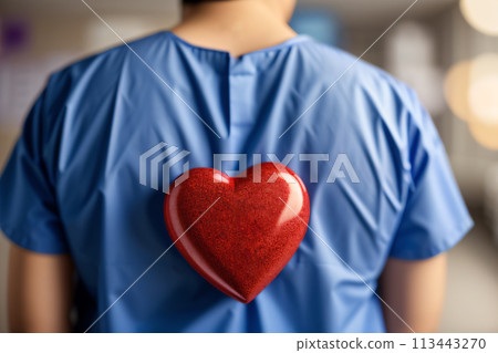 Heart surgeon seen from behind in blue coat goes for open-heart surgery in hospital ward 113443270