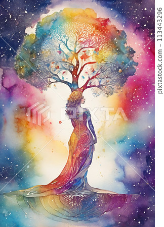 Beautiful woman and rainbow tree watercolor illustration art 113443296