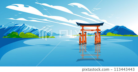 red Japanese torii on blue water among mountains. Vector landscape 113443443