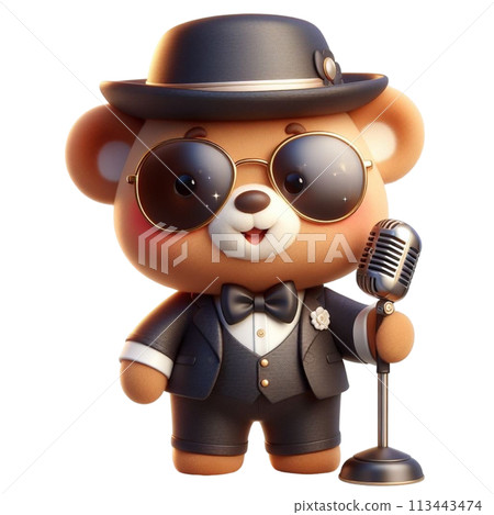 bear holding a microphone and singing 3D render illustration 113443474