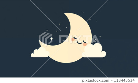 手绘卡通月亮在夜晚的天空中插画 113443534