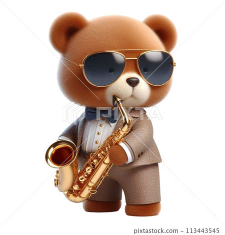 bear holding a saxophone 3D render illustration bear holding a saxophone 3D render illustration 113443545
