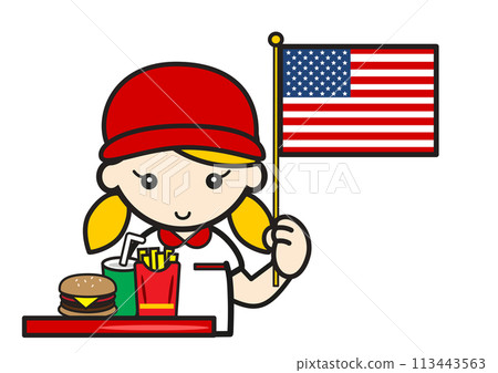 Caucasian woman in a fast food restaurant holding an American flag 113443563