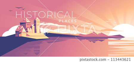 A Roman-style castle on the banks of a river or sea. Pink and orange horizontal scenes. Water reflection. Historical tourism and travel. Vector illustration 113443621
