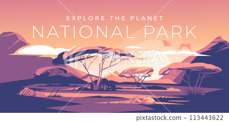 Savannah pink and orange sunset. No people. no animals Mountain and sun. African tourism, safari. Vector illustration. 113443622