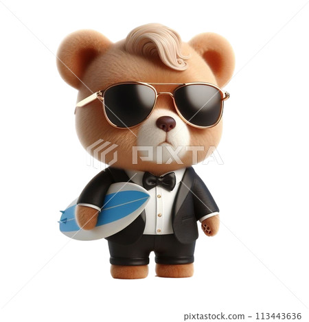 bear holding a surfboard 3D render illustration 113443636