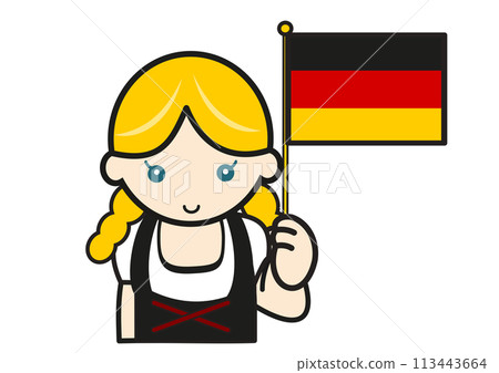 German woman in national dress holding a German flag German woman in national dress holding a German flag 113443664