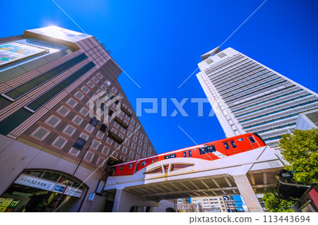 Tokyo cityscape in Japan, overlooking the new 2000 series trains on the Tokyo Metro Marunouchi Line (Korakuen Station on the left) 113443694