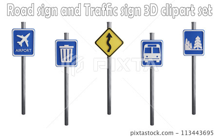 Road sign and traffic sign clipart element ,3D render road sign concept isolated on white background icon set No.35 Road sign and traffic sign clipart element ,3D render road sign concept isolated on white background icon set No.35 113443695