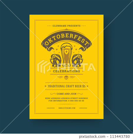 Oktoberfest party flyer vintage typography template design invitation beer festival celebration vector poster. 113443780
