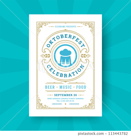 Oktoberfest party flyer vintage typography template design invitation beer festival celebration vector poster. Oktoberfest party flyer vintage typography template design invitation beer festival celebration vector poster. 113443782
