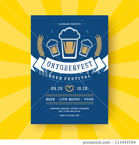 Oktoberfest party flyer vintage typography template design invitation beer festival celebration vector poster. Oktoberfest party flyer vintage typography template design invitation beer festival celebration vector poster. 113443784