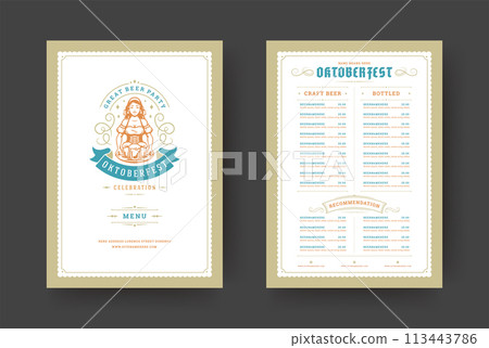 Oktoberfest menu vintage typography template with cover beer festival celebration and label design vector illustration. Oktoberfest menu vintage typography template with cover beer festival celebration and label design vector illustration. 113443786