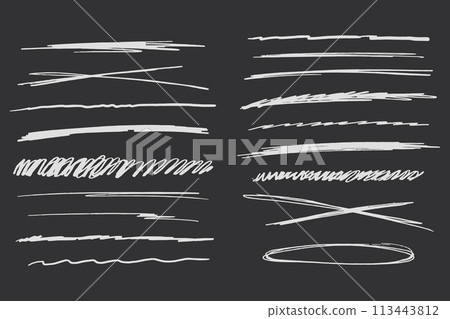 Strikethrough underlines, set chalk stroke, marker lines grunge curve, wvy free hand marks textured simple borders isolated on dark background. Creative collection scribble brush or crayon checks 113443812