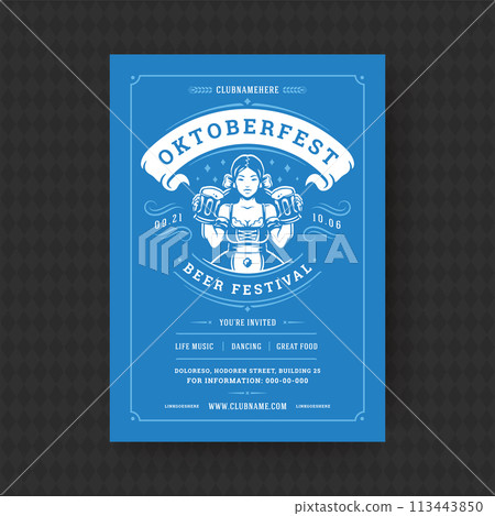 Oktoberfest party flyer vintage typography template design invitation beer festival celebration vector poster. Oktoberfest party flyer vintage typography template design invitation beer festival celebration vector poster. 113443850