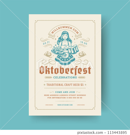 Oktoberfest party flyer vintage typography template design invitation beer festival celebration vector poster. 113443895