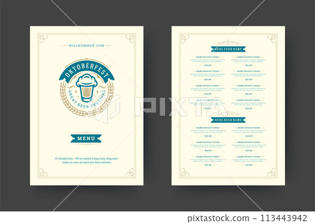 Oktoberfest menu vintage typography template with cover beer festival celebration and label design vector illustration. Oktoberfest menu vintage typography template with cover beer festival celebration and label design vector illustration. 113443942