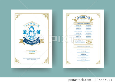 Oktoberfest menu vintage typography template with cover beer festival celebration and label design vector illustration. Oktoberfest menu vintage typography template with cover beer festival celebration and label design vector illustration. 113443944