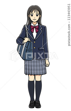 A high school girl in a blazer standing with a school bag on her shoulder 113443951