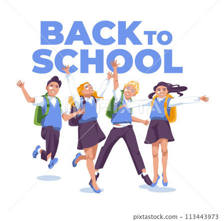 back to school banner, poster. Four happy schoolboys and schoolgirls are jumping on the background of the text. White background back to school banner, poster. Four happy schoolboys and schoolgirls are jumping on the background of the text. White background 113443973