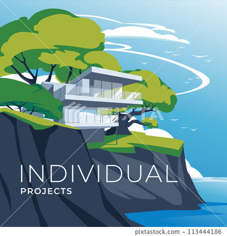 a modern residential building on the seashore. Summer or spring nature landscape. Advertisement of the architectural office. Vector flat illustration a modern residential building on the seashore. Summer or spring nature landscape. Advertisement of the architectural office. Vector flat illustration 113444186