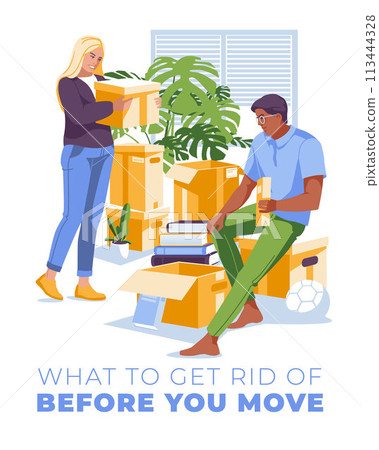 a young couple is packing things together to move home. Interior of a room with paper boxes. Vector flat illustration 113444328