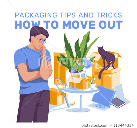 A young man is thinking about moving home on apartment belongings against the background of paper boxes. plant, books, monitor, lamp, cat. Vector flat illustration 113444334
