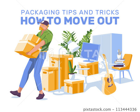 moving things, a man carrying paper boxes on the background of things in an apartment. The concept of a professional house move. Vector flat illustration 113444336